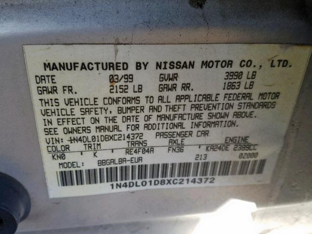 1N4DL01D8XC214372 - 1999 NISSAN ALTIMA XE GRAY photo 10