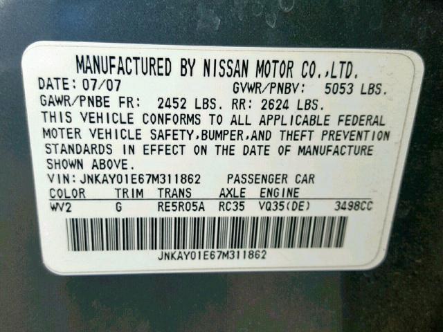 JNKAY01E67M311862 - 2007 INFINITI M35 BASE GRAY photo 10