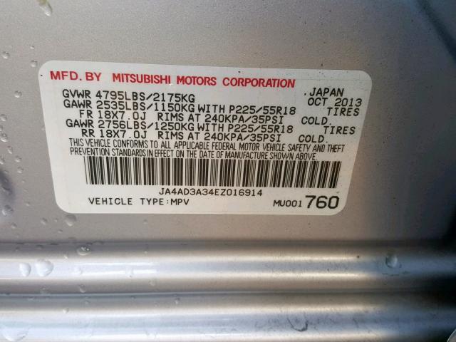 JA4AD3A34EZ016914 - 2014 MITSUBISHI OUTLANDER SILVER photo 10