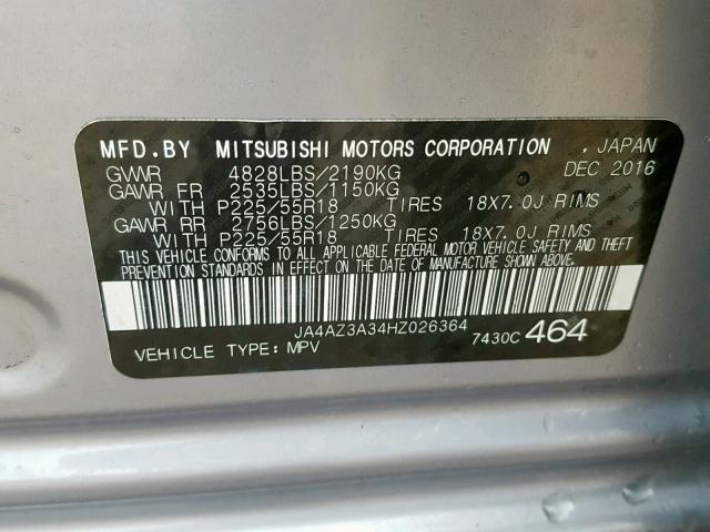 JA4AZ3A34HZ026364 - 2017 MITSUBISHI OUTLANDER SILVER photo 10