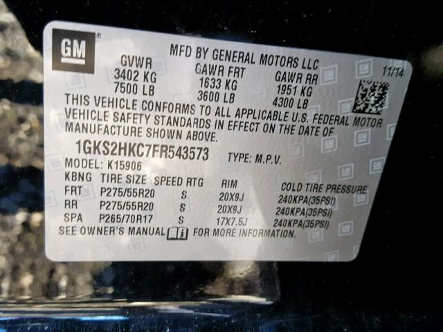 1GKS2HKC7FR543573 - 2015 GMC YUKON XL K BLACK photo 10