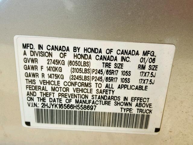 2HJYK16566H558697 - 2006 HONDA RIDGELINE SILVER photo 10