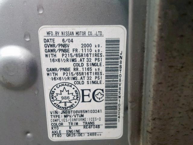 JN8BT08V85W103241 - 2005 NISSAN X-TRAIL XE SILVER photo 10