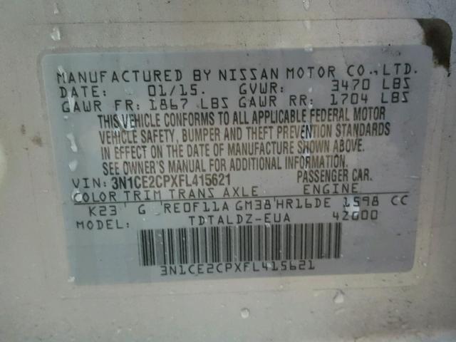 3N1CE2CPXFL415621 - 2015 NISSAN VERSA NOTE SILVER photo 10