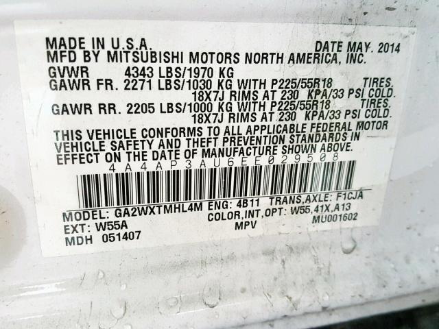 4A4AP3AU6EE029508 - 2014 MITSUBISHI OUTLANDER WHITE photo 10