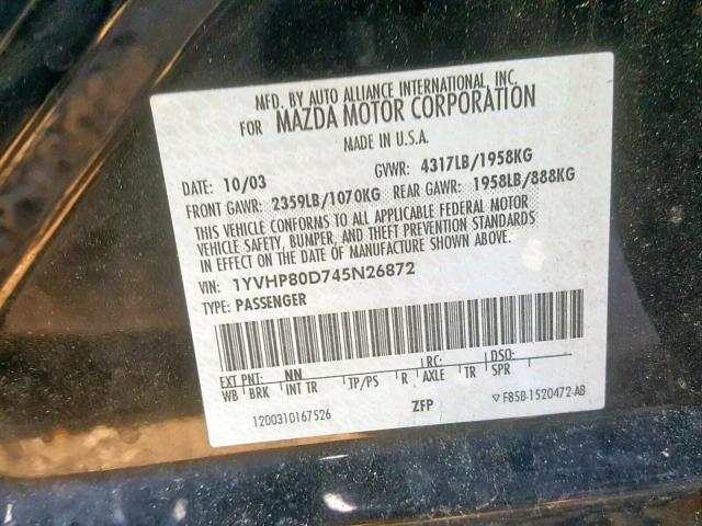 1YVHP80D745N26872 - 2004 MAZDA 6 S BLACK photo 10