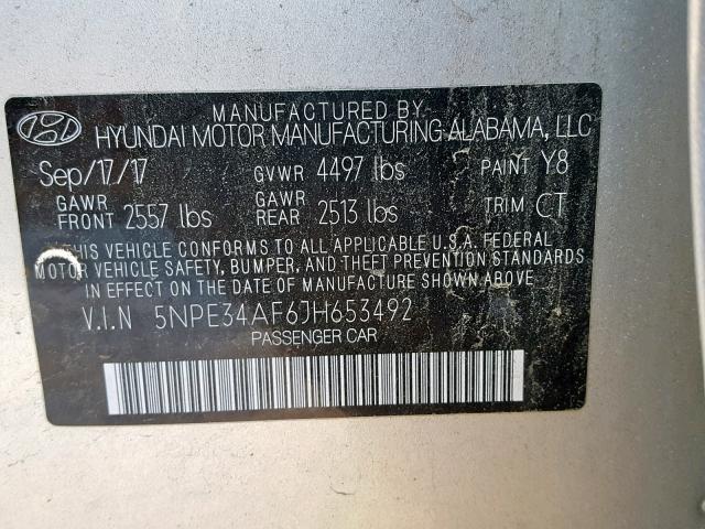 5NPE34AF6JH653492 - 2018 HYUNDAI SONATA SPO SILVER photo 10