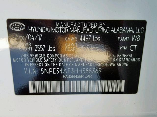 5NPE34AF3HH585369 - 2017 HYUNDAI SONATA SPO WHITE photo 10