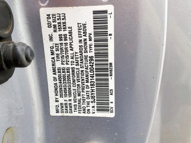 5J6YH18314L004296 - 2004 HONDA ELEMENT LX SILVER photo 10