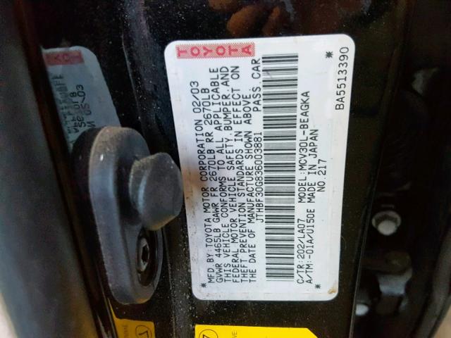 JTHBF30G836003881 - 2003 LEXUS ES 300 BLACK photo 10