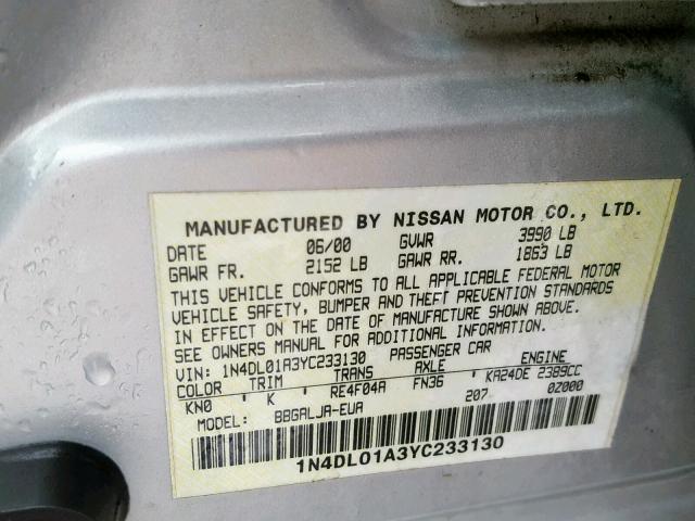 1N4DL01A3YC233130 - 2000 NISSAN ALTIMA XE SILVER photo 10