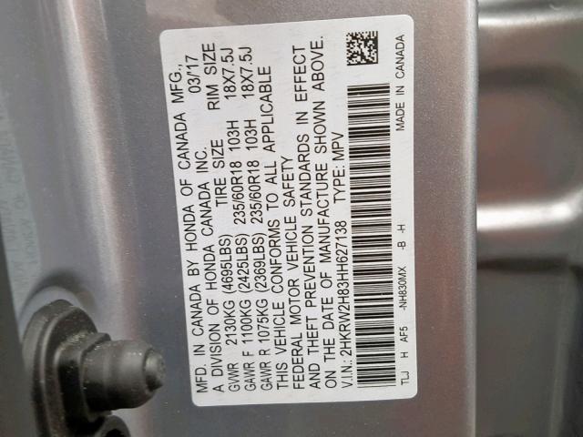 2HKRW2H83HH627138 - 2017 HONDA CR-V EXL SILVER photo 10