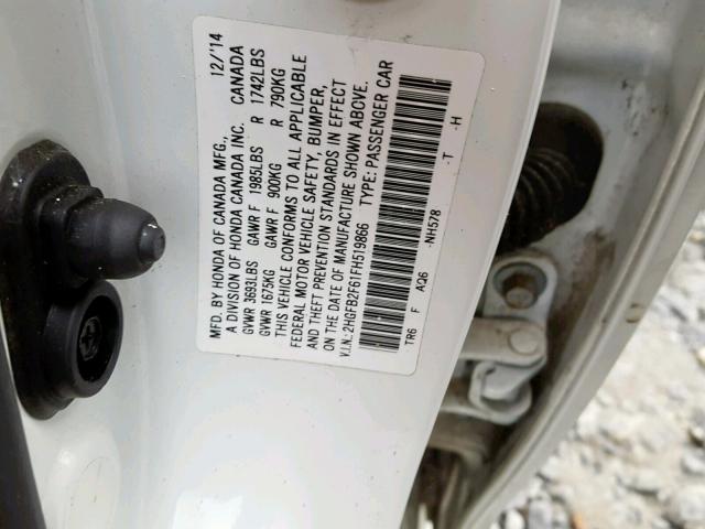 2HGFB2F61FH519866 - 2015 HONDA CIVIC HF WHITE photo 10