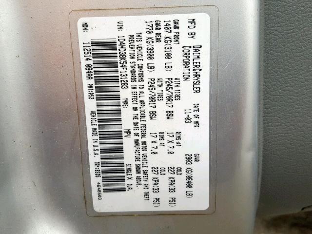 1D4HD38K54F131283 - 2004 DODGE DURANGO ST SILVER photo 10