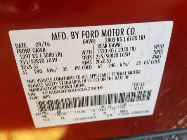 1FM5K8F8XHGA73919 - 2017 FORD EXPLORER L RED photo 10