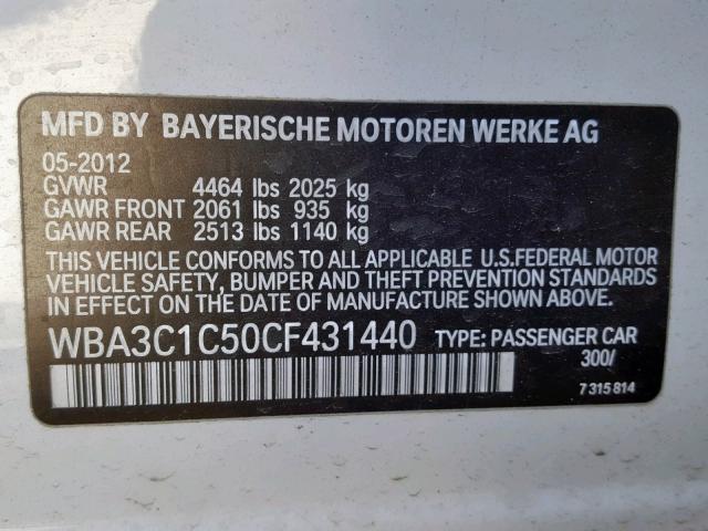 WBA3C1C50CF431440 - 2012 BMW 328 I SULE WHITE photo 10