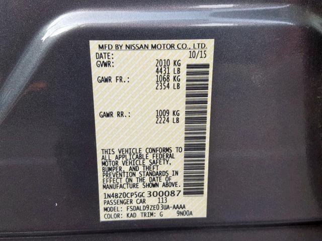 1N4BZ0CP5GC300087 - 2016 NISSAN LEAF SV GRAY photo 10