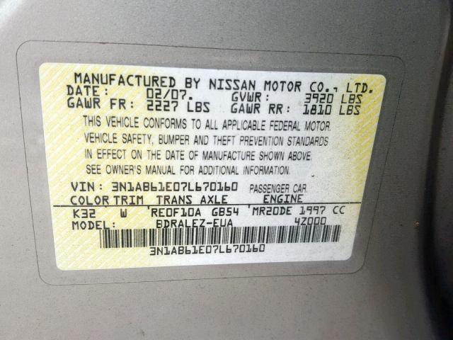 3N1AB61E07L670160 - 2007 NISSAN SENTRA 2.0 GREEN photo 10