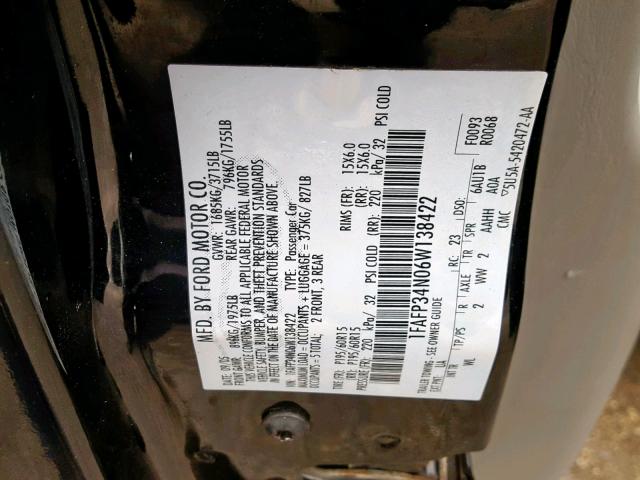 1FAFP34N06W138422 - 2006 FORD FOCUS ZX4 BLACK photo 10