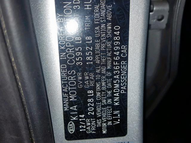 KNADM5A36F6499840 - 2015 KIA RIO LX SILVER photo 10