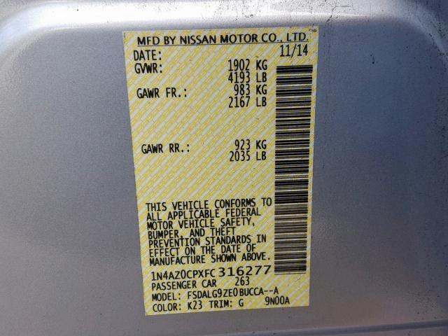 1N4AZ0CPXFC316277 - 2015 NISSAN LEAF S SILVER photo 10