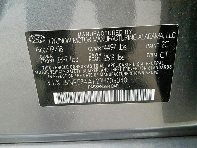 5NPE34AF2JH705040 - 2018 HYUNDAI SONATA SPO GRAY photo 10