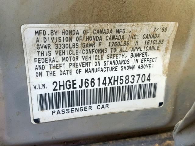 2HGEJ6614XH583704 - 1999 HONDA CIVIC BASE Boz foto 10