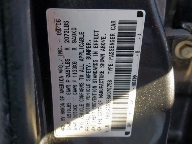 19UUA66266A076756 - 2006 ACURA 3.2TL GRAY photo 10