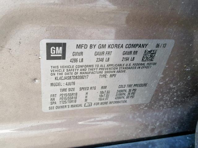 KL4CJASB7DB208217 - 2013 BUICK ENCORE BEIGE photo 10