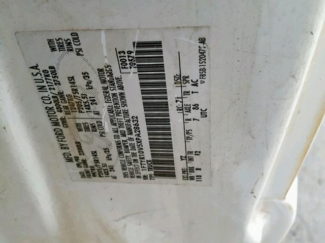 1FTYR10V5XPA28632 - 1999 FORD RANGER WHITE photo 10