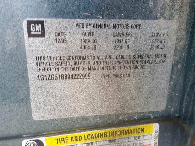 1G1ZG57B894222999 - 2009 CHEVROLET MALIBU LS BLACK photo 10