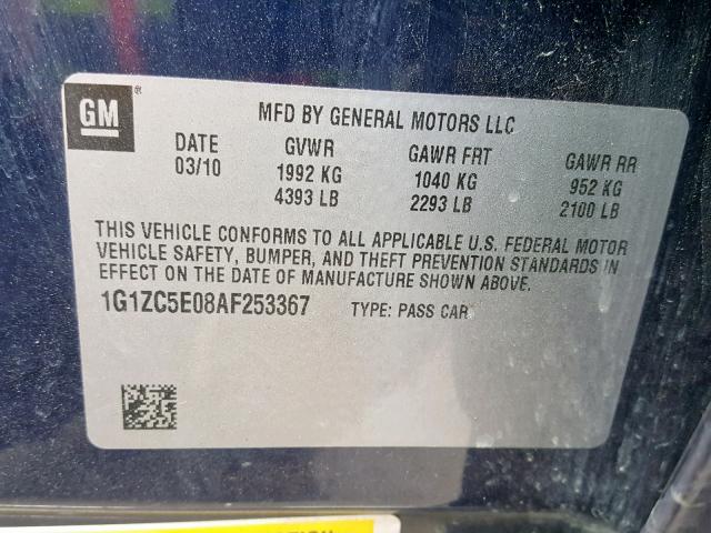 1G1ZC5E08AF253367 - 2010 CHEVROLET MALIBU 1LT BLUE photo 10