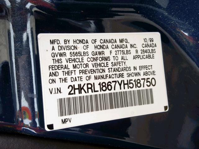 2HKRL1867YH518750 - 2000 HONDA ODYSSEY EX BLUE photo 10