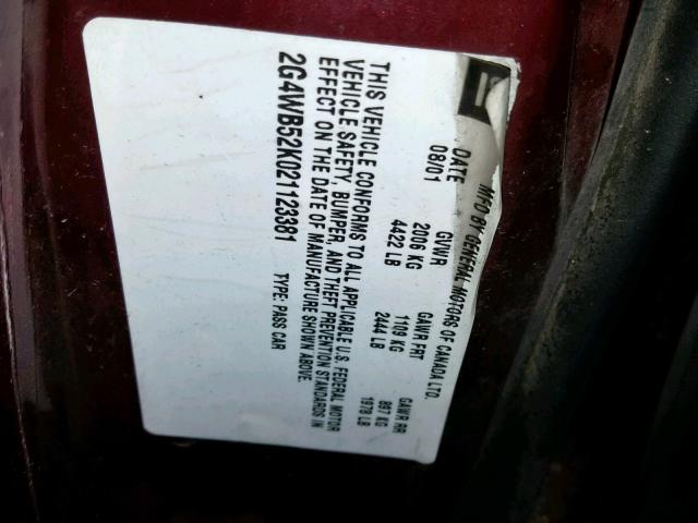 2G4WB52K021123381 - 2002 BUICK REGAL LS MAROON photo 10