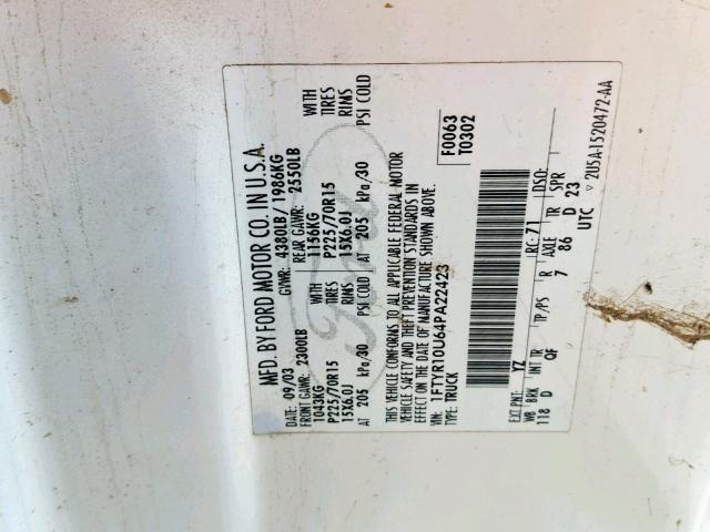 1FTYR10U64PA22423 - 2004 FORD RANGER WHITE photo 10