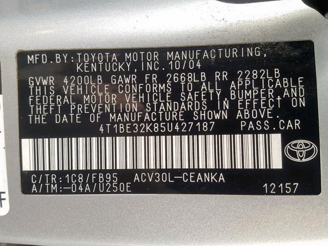 4T1BE32K85U427187 - 2005 TOYOTA CAMRY LE SILVER photo 10