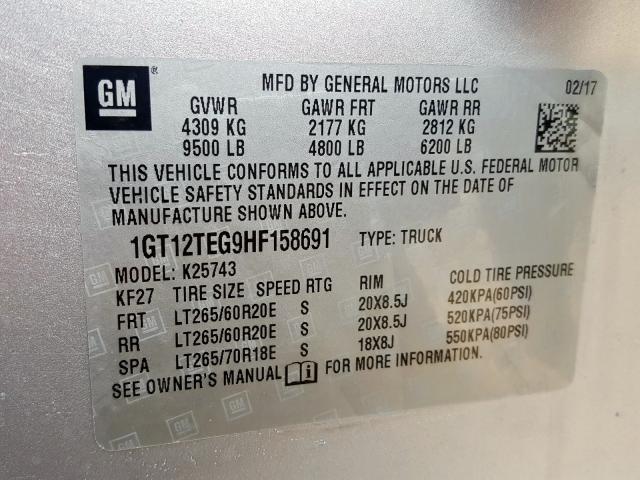 1GT12TEG9HF158691 - 2017 GMC SIERRA K25 SILVER photo 10