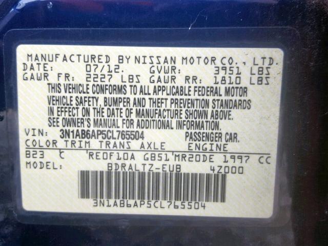 3N1AB6AP5CL765504 - 2012 NISSAN SENTRA 2.0 BLUE photo 10