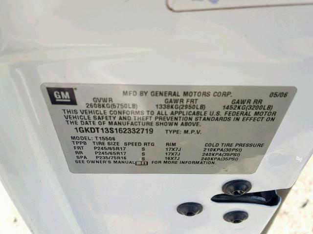 1GKDT13S162332719 - 2006 GMC ENVOY WHITE photo 10