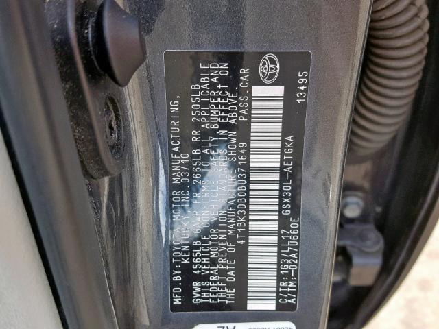 4T1BK3DB0BU371649 - 2011 TOYOTA AVALON BAS 石墨色 照片 10