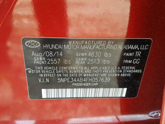 5NPE34AB4FH057639 - 2015 HYUNDAI SONATA SPO BURGUNDY photo 10