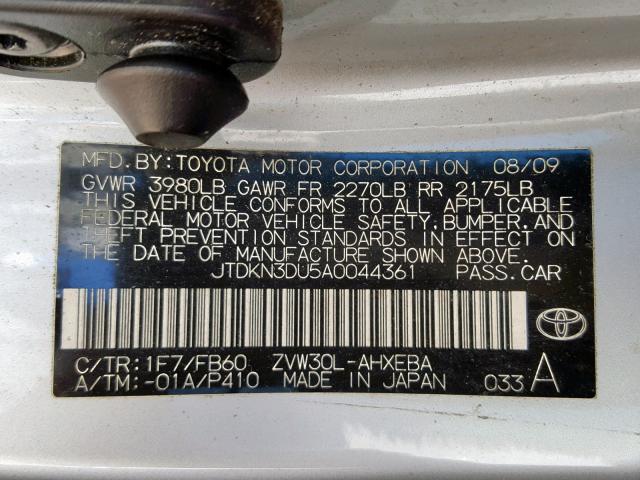 JTDKN3DU5A0044361 - 2010 TOYOTA PRIUS SILVER photo 10