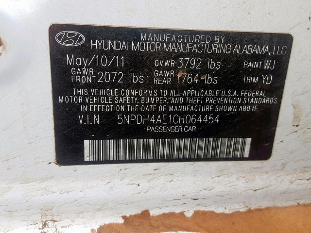 5NPDH4AE1CH064454 - 2012 HYUNDAI ELANTRA WHITE photo 10