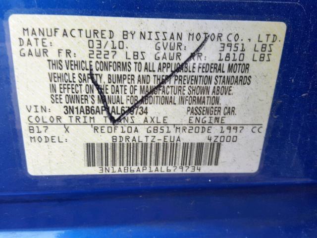 3N1AB6AP1AL679734 - 2010 NISSAN SENTRA 2.0 BLUE photo 10