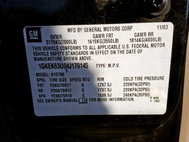 1GKEK63U04J179145 - 2004 GMC YUKON DENA BLACK photo 10