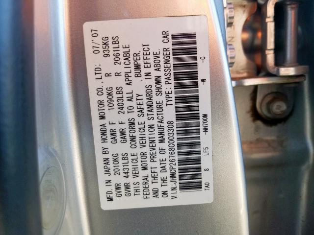 JHMCP26768C003308 - 2008 HONDA ACCORD EX SILVER photo 10