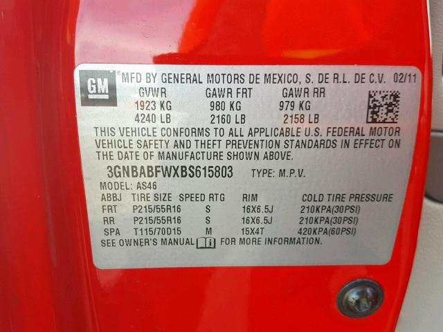 3GNBABFWXBS615803 - 2011 CHEVROLET HHR LT RED photo 10