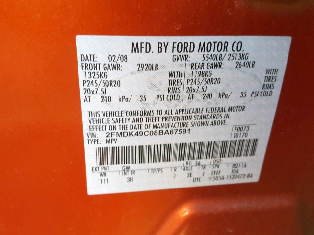 2FMDK49C08BA67591 - 2008 FORD EDGE LIMIT ORANGE photo 10