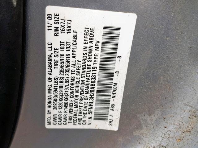 5FNRL3H20AB033119 - 2010 HONDA ODYSSEY LX SILVER photo 10