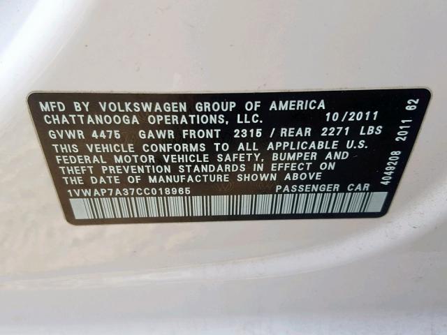 1VWAP7A37CC018965 - 2012 VOLKSWAGEN PASSAT S WHITE photo 10